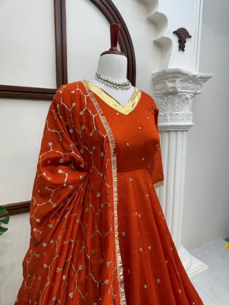 Glamorous Orange Heavy Vichitra Silk Anarkali Lehenga Set with Thread Sequin Work at Mill Price Ready To Wear Collection