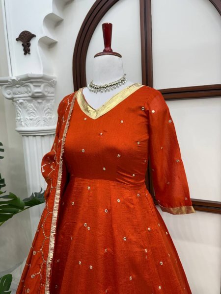 Glamorous Orange Heavy Vichitra Silk Anarkali Lehenga Set with Thread Sequin Work at Mill Price Ready To Wear Collection