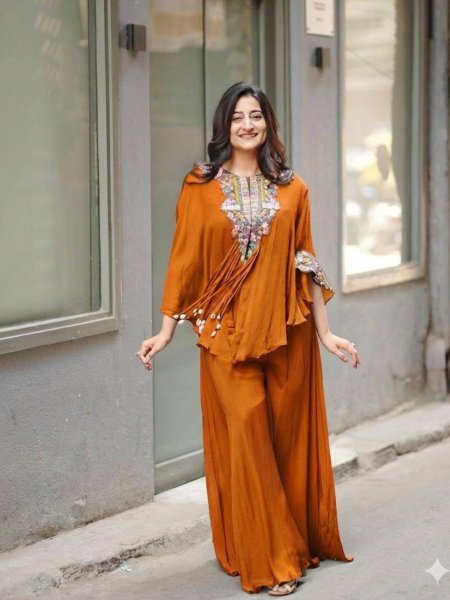 Glamorous Orange Indo Western Air Tex Chinon Set with Sequence Embroidery Work Ready To Wear Suit