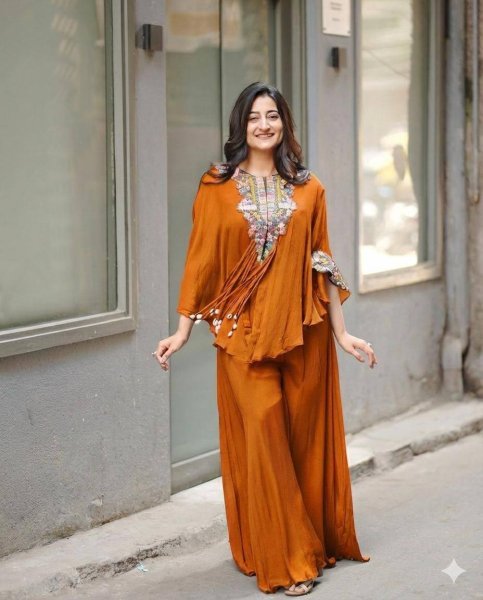 Glamorous Orange Indo Western Air Tex Chinon Set with Sequence Embroidery Work Ready To Wear Collection