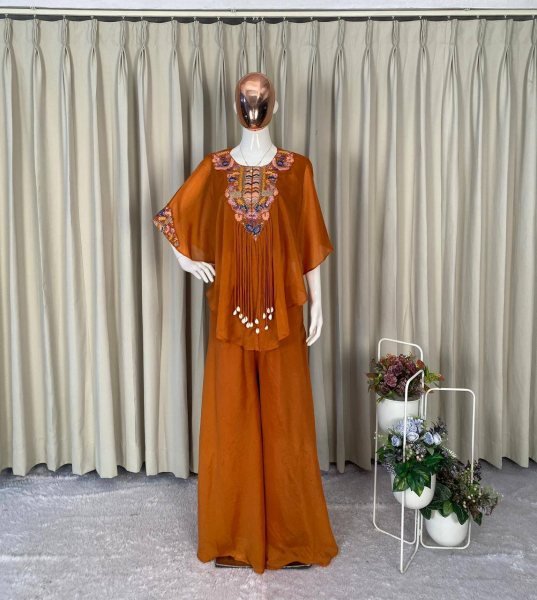 Glamorous Orange Indo Western Air Tex Chinon Set with Sequence Embroidery Work Ready To Wear Collection