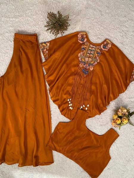 Glamorous Orange Indo Western Air Tex Chinon Set with Sequence Embroidery Work Ready To Wear Collection