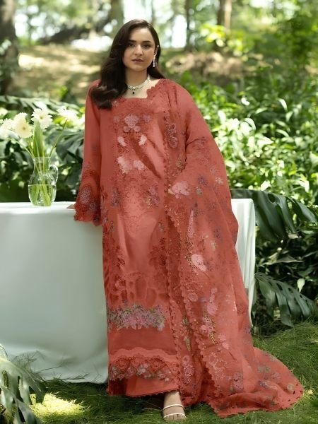 Glamorous Orange Premium Cotton Chikankari Top Bottom Dupatta Set 
