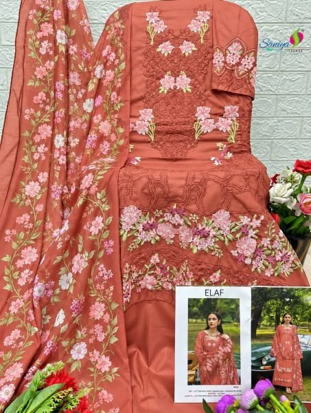 Glamorous Orange Premium Cotton Chikankari Top Bottom Dupatta Set Pakistani Suits Wholesale