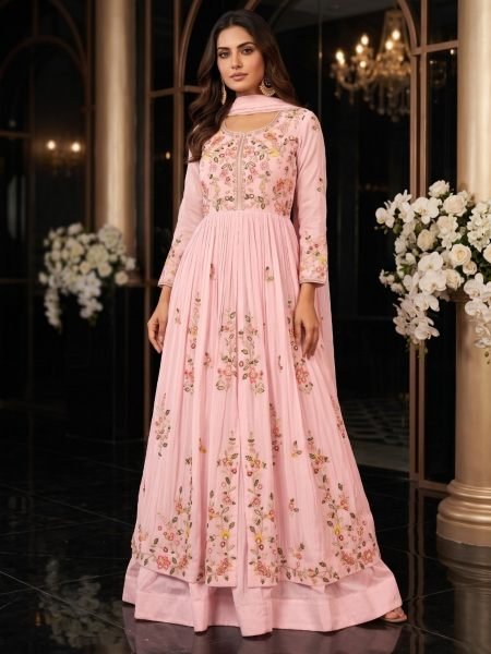 Glamorous Pink Designer Chinon Silk Skirt Set with Front and Back Heavy Embroidery at Wholesale Rate Salwar Kameez