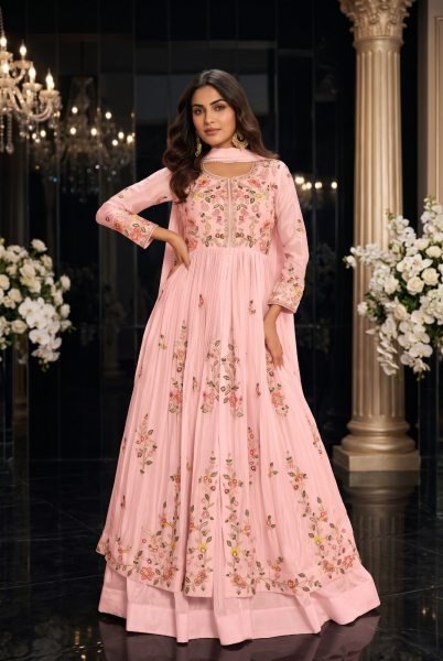 Glamorous Pink Designer Chinon Silk Skirt Set with Front and Back Heavy Embroidery at Wholesale Rate Anarakali Gown Wholesale