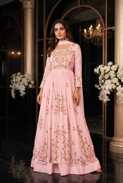 Glamorous Pink Designer Chinon Silk Skirt Set with Front and Back Heavy Embroidery at Wholesale Rate Anarakali Gown Wholesale