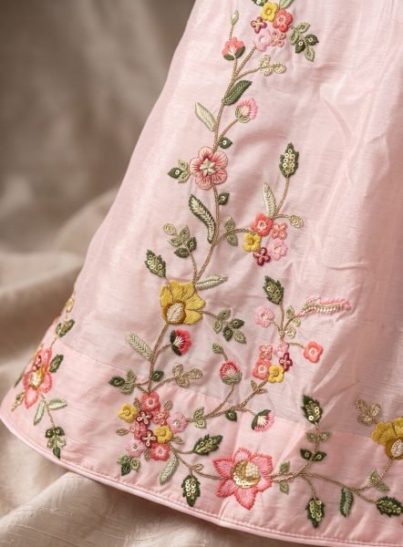 Glamorous Pink Designer Chinon Silk Skirt Set with Front and Back Heavy Embroidery at Wholesale Rate Anarakali Gown Wholesale