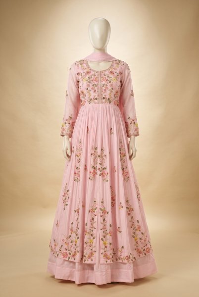 Glamorous Pink Designer Chinon Silk Skirt Set with Front and Back Heavy Embroidery at Wholesale Rate Anarakali Gown Wholesale