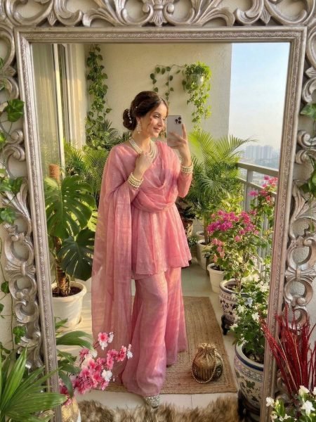 Glamorous Pink Designer Crunchy Silk Palazzo Suit with V Neck Kurti Ready To Wear Suit