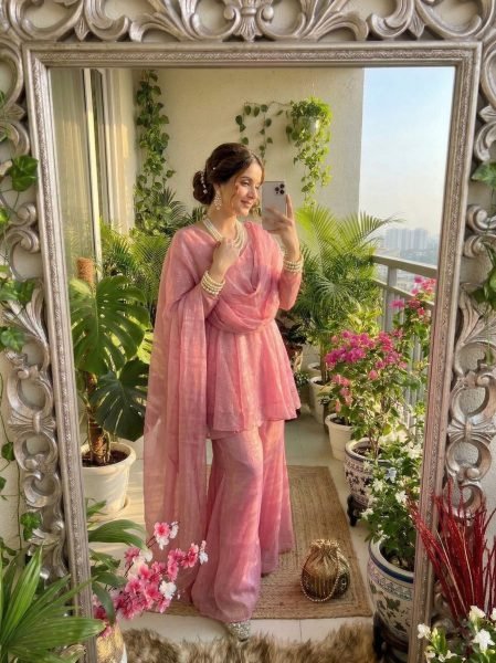 Glamorous Pink Designer Crunchy Silk Palazzo Suit with V Neck Kurti Ready To Wear Collection