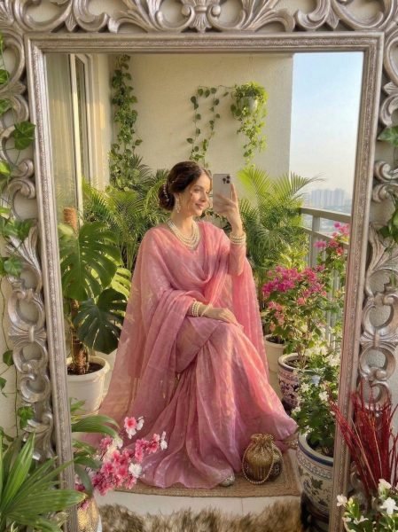 Glamorous Pink Designer Crunchy Silk Palazzo Suit with V Neck Kurti Ready To Wear Collection