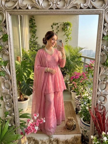 Glamorous Pink Designer Crunchy Silk Palazzo Suit with V Neck Kurti Ready To Wear Collection