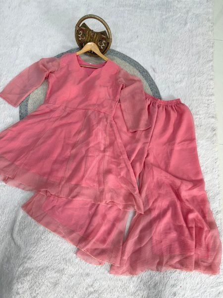 Glamorous Pink Designer Crunchy Silk Palazzo Suit with V Neck Kurti Ready To Wear Collection