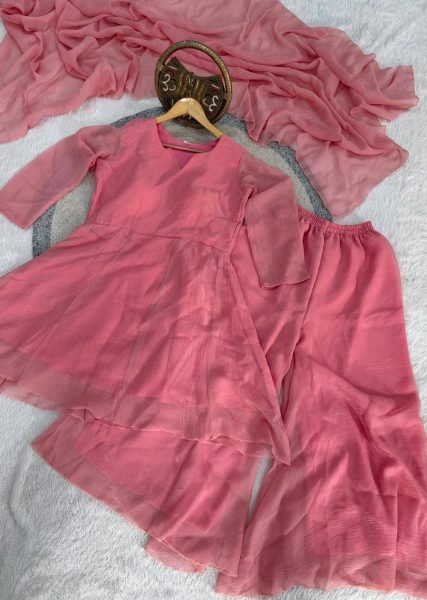 Glamorous Pink Designer Crunchy Silk Palazzo Suit with V Neck Kurti Ready To Wear Collection
