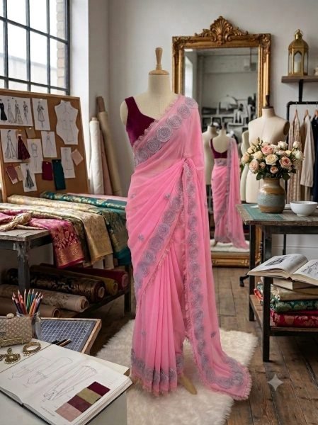 Glamorous Pink Designer Multicolor Floral Georgette Saree with Lace Attached Border at Wholesale Rate Georgette Sarees Wholesale