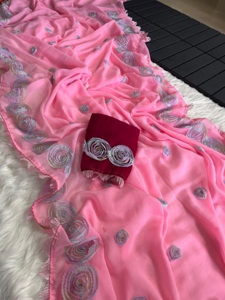 Glamorous Pink Designer Multicolor Floral Georgette Saree with Lace Attached Border at Wholesale Rate Georgette Sarees Wholesale