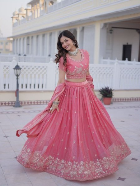 Glamorous Pink Fendi Silk Lehenga Choli Heavy Sequins And Zari Embroidery Designer Lehenga Choli