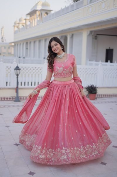 Glamorous Pink Fendi Silk Lehenga Choli Heavy Sequins And Zari Embroidery Designer Lehenga Choli