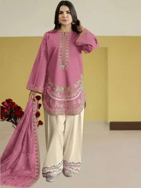 Glamorous Pink Heavy Roman Silk Suit Set with Kota Checks Silk Dupatta Salwar Kameez