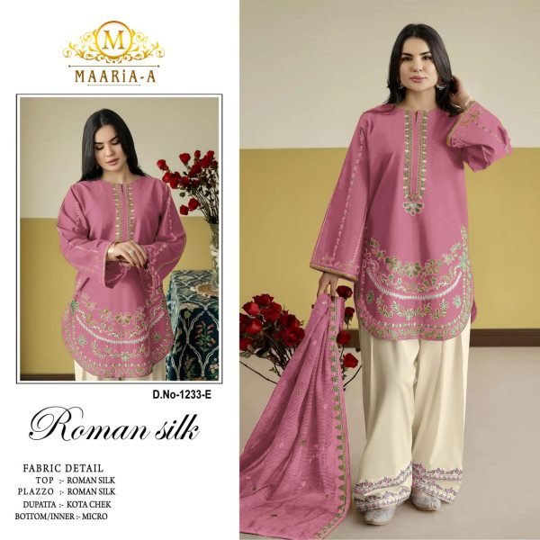 Glamorous Pink Heavy Roman Silk Suit Set with Kota Checks Silk Dupatta Designer Plazzo Salwar Suits Wholesale