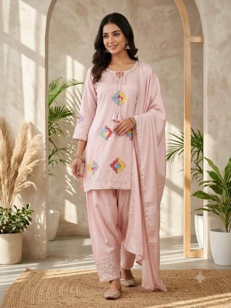 Glamorous Pink Crape Silk Farsi Suit Set with Sequence Embroidery Work Ready To Wear Suit