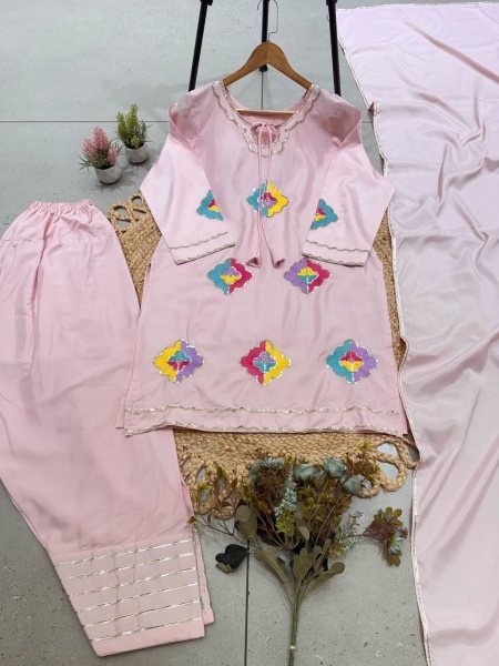 Glamorous Pink Crape Silk Farsi Suit Set with Sequence Embroidery Work Ready To Wear Collection
