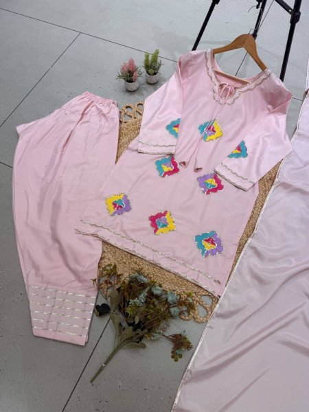 Glamorous Pink Crape Silk Farsi Suit Set with Sequence Embroidery Work Ready To Wear Collection