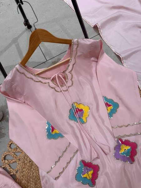 Glamorous Pink Crape Silk Farsi Suit Set with Sequence Embroidery Work Ready To Wear Collection