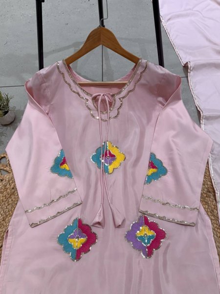 Glamorous Pink Crape Silk Farsi Suit Set with Sequence Embroidery Work Ready To Wear Collection