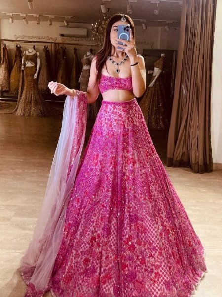 Glamorous Pink Net Lehenga Choli with Sequins Dori Zari Work For Wedding 