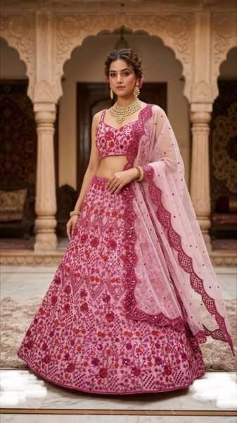 Glamorous Pink Net Lehenga Choli with Sequins Dori Zari Work For Wedding Designer Lehenga Choli