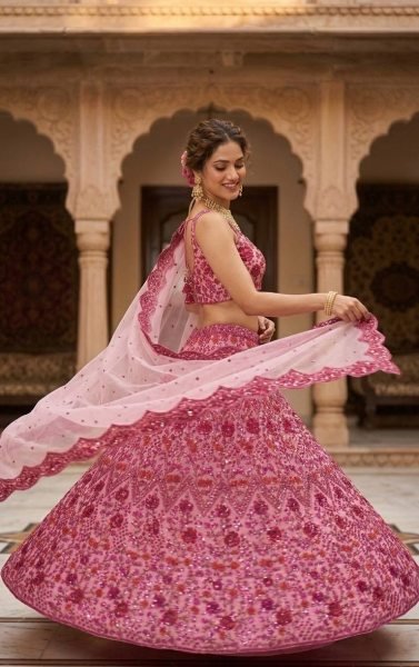 Glamorous Pink Net Lehenga Choli with Sequins Dori Zari Work For Wedding Designer Lehenga Choli