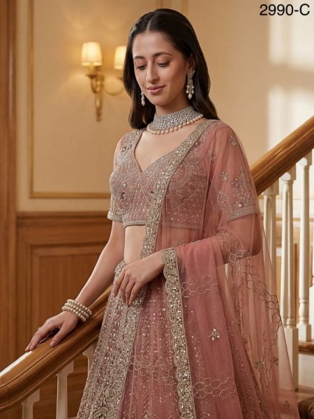 Glamorous Pink Premium Net Lehenga with Thread and Dori Work for Bridal Functions Bridal Lehenga Choli