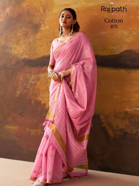 Glamorous Pink RajPath KIRA Cotton Modal Cotton Saree with Woven Pattern and Tassels Sarees 