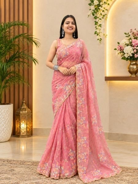 Glamorous Pink Taqqwa Space Silk Saree with Multicolor Sequin and Beads Work at Party Wear 