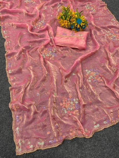 Glamorous Pink Taqqwa Space Silk Saree with Multicolor Sequin and Beads Work at Party Wear Silk Sarees Wholesale