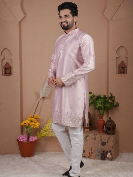 Glamorous Pink Traditional Kurta Set with Designer Embroidery Look Mens Wear