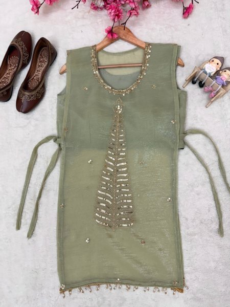 Glamorous Pista Crush Tissue Shrug Palazzo Blouse Set with Designer Party Wear Look CO ORD Sets