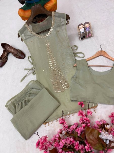 Glamorous Pista Crush Tissue Shrug Palazzo Blouse Set with Designer Party Wear Look CO ORD Sets