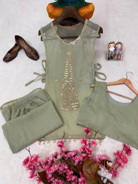 Glamorous Pista Crush Tissue Shrug Palazzo Blouse Set with Designer Party Wear Look CO ORD Sets