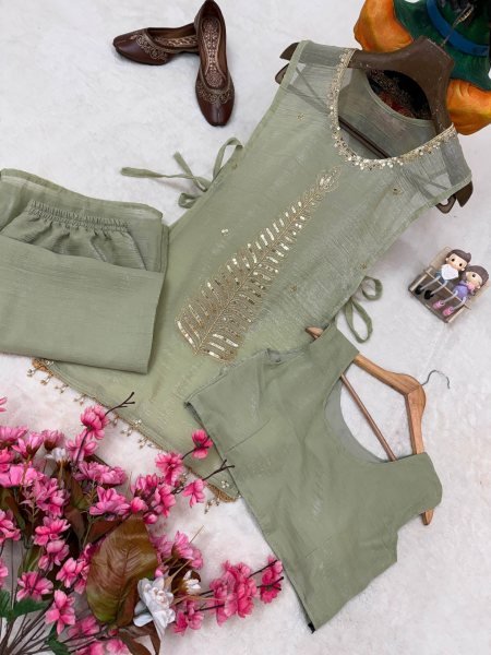 Glamorous Pista Crush Tissue Shrug Palazzo Blouse Set with Designer Party Wear Look CO ORD Sets