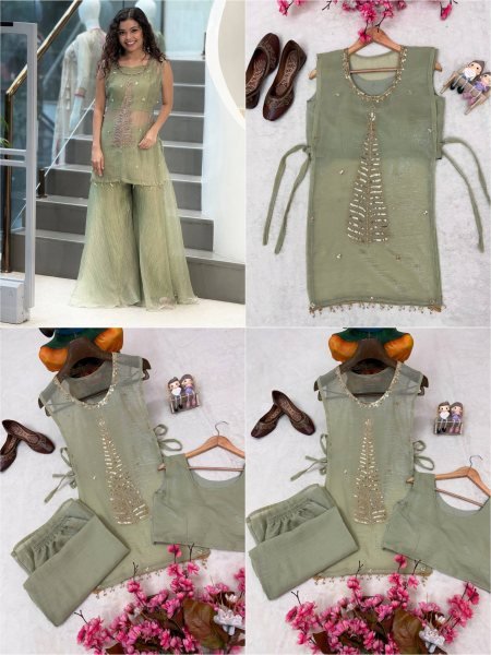 Glamorous Pista Crush Tissue Shrug Palazzo Blouse Set with Designer Party Wear Look CO ORD Sets