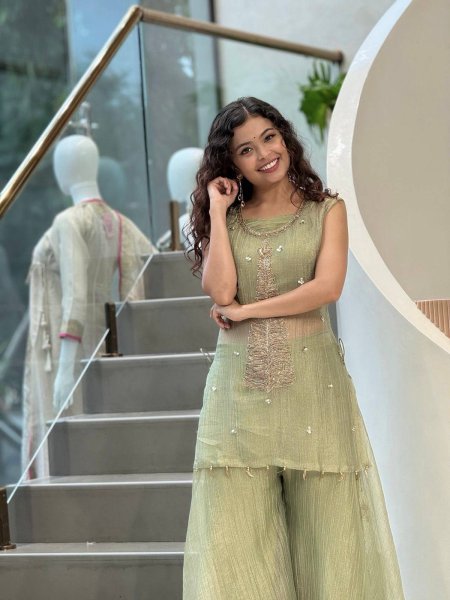 Glamorous Pista Crush Tissue Shrug Palazzo Blouse Set with Designer Party Wear Look CO ORD Sets