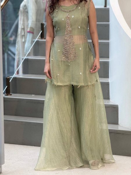 Glamorous Pista Crush Tissue Shrug Palazzo Blouse Set with Designer Party Wear Look CO ORD Sets