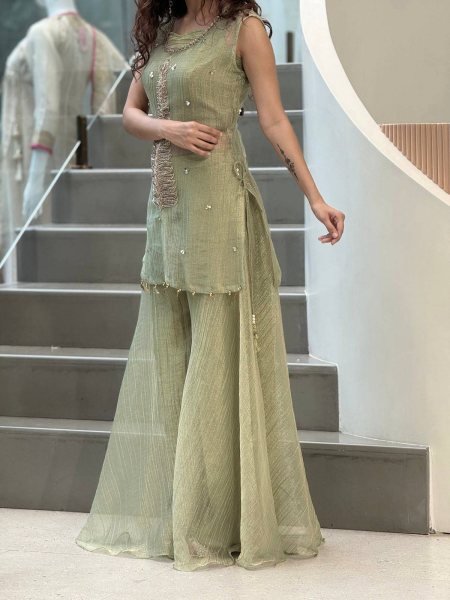 Glamorous Pista Crush Tissue Shrug Palazzo Blouse Set with Designer Party Wear Look CO ORD Sets