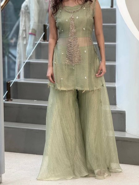 Glamorous Pista Crush Tissue Shrug Palazzo Blouse Set with Designer Party Wear Look CO ORD Sets