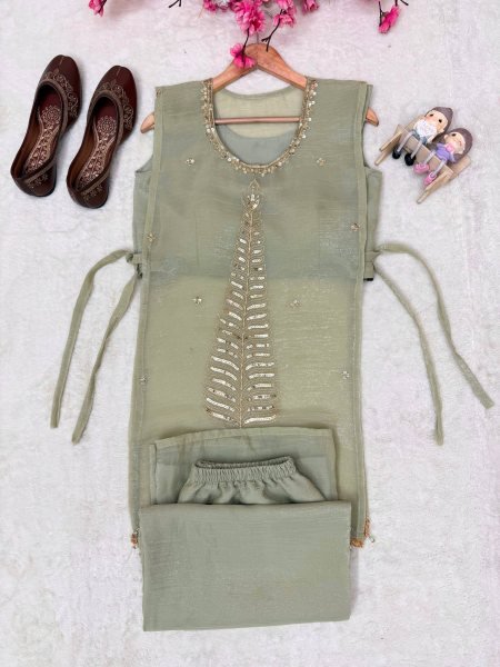 Glamorous Pista Crush Tissue Shrug Palazzo Blouse Set with Designer Party Wear Look CO ORD Sets