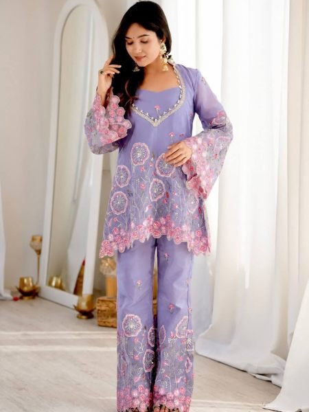 Glamorous Purple Designer HO Silk Co Ord Set with Multi Thread Floral Embroidery 