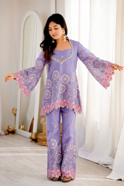 Glamorous Purple Designer HO Silk Co Ord Set with Multi Thread Floral Embroidery Ready To Wear Collection